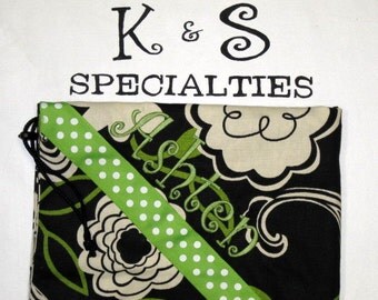 Personalized Laundry Bag/Black, Creme, Green In A Contemporary Fabric/Monogrammed Above A Coordinating Ribbon/Gift:Graduation, Bridesmaid