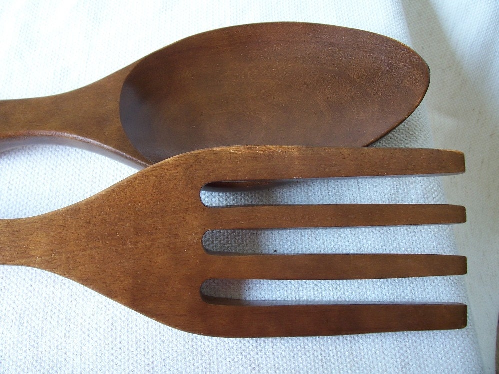 Vintage set of giant wooden fork and spoon wall decorations