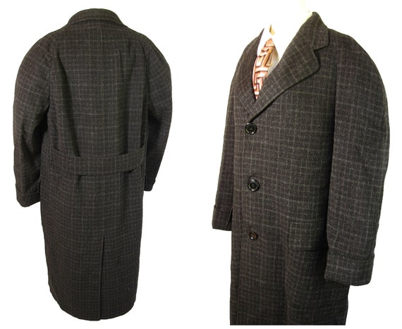 1940s Vintage Mens Top Coat Overcoat. Windowpane Plaid. Patch