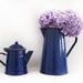 French vintage blue enamel pitcher water,blue and white, enamelware french country style, speckled