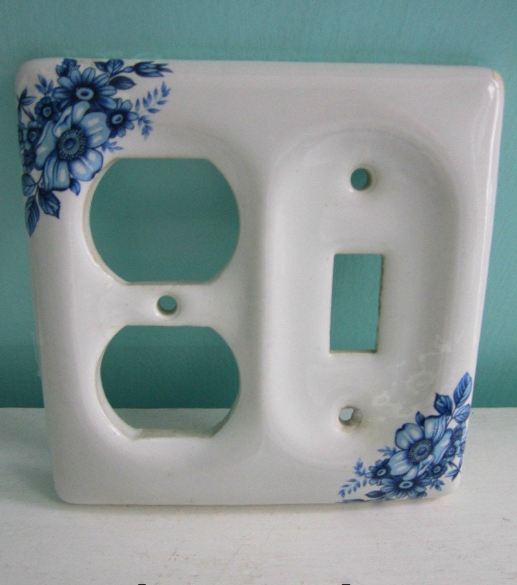 Vintage Porcelain Switch Plate Blue & White Dual