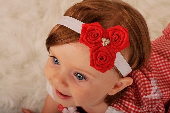 Items similar to Red Baby Headband Flower Rose Rosette with Rhinestone ...