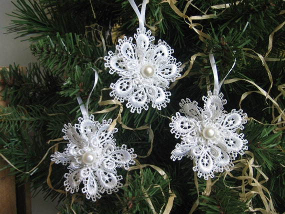 White Lace Snowflake Ornaments White Christmas by SnowNoseCrafts