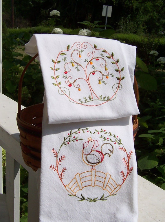  Country  Living Set of 2 Tea Towels  Embroidered Kitchen  Dish 