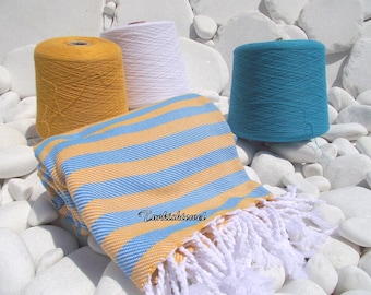 Turkishtowel-Soft-Highest Quality,Pure Organic Cotton,Hand Woven,Bath,Beach,Spa,Yoga,Towel or Sarong-Mustard and Turquoise Stripes