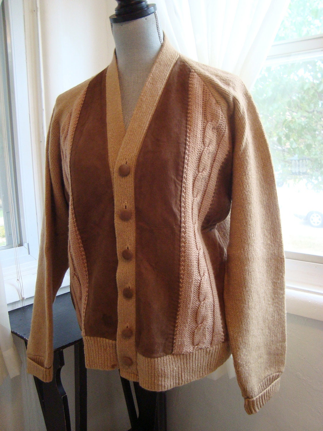 Brown Wool and Leather Men's Cardigan Sweater by Campus