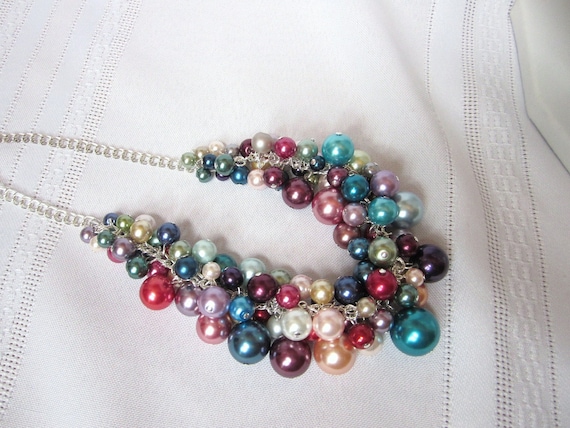 Pearl Cluster Necklace In Bright Rainbow Colored Pearls