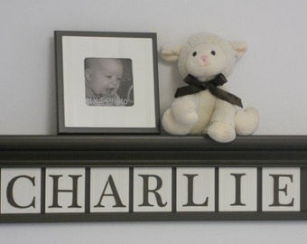 Children Decor - Nursery Decor Chocolate Brown Shelf with Letter Wooden Wall Tiles - CHARLIE