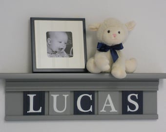 Navy Blue and Gray Baby Nursery Wall Decor / Room Decor - Personalized with Name on Grey Shelf with Gray and Navy Blue Wall Letters