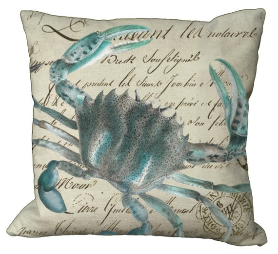 Aqua Crab on French Document Choice of 14x14 16x16 18x18 20x20 22x22 24x24 26x26 inch Pillow Cover