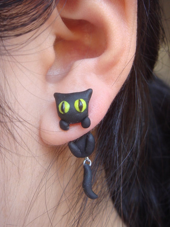 Clinging Cute Black Cat Two-Part Earrings