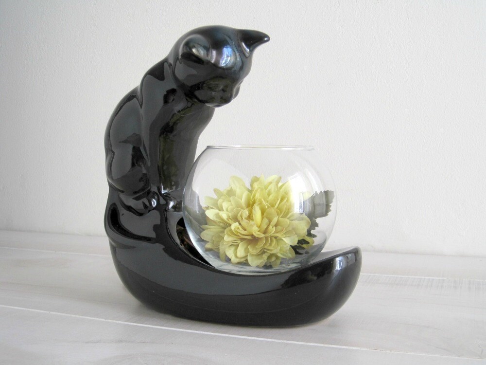 MidCentury Black Cat TV Lamp w/ Fish Bowl
