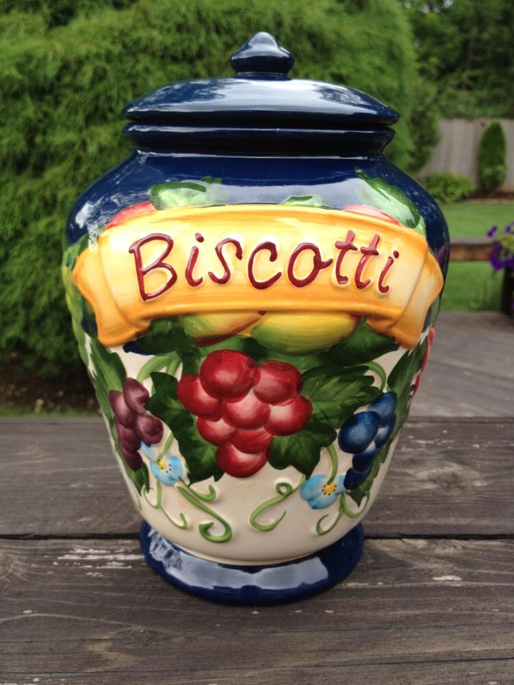 Vintage Ceramic Biscotti Jar Hand Painted by Nonni Colorful