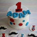 Fondant Mustache Age, Polka Dot and Name Cake Decorations Plus Coordinating Tie and Mustache Cupcake Toppers