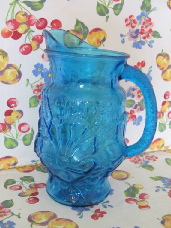 Vintage Anchor Hocking Rain Flower Laser Blue Glass Pitcher