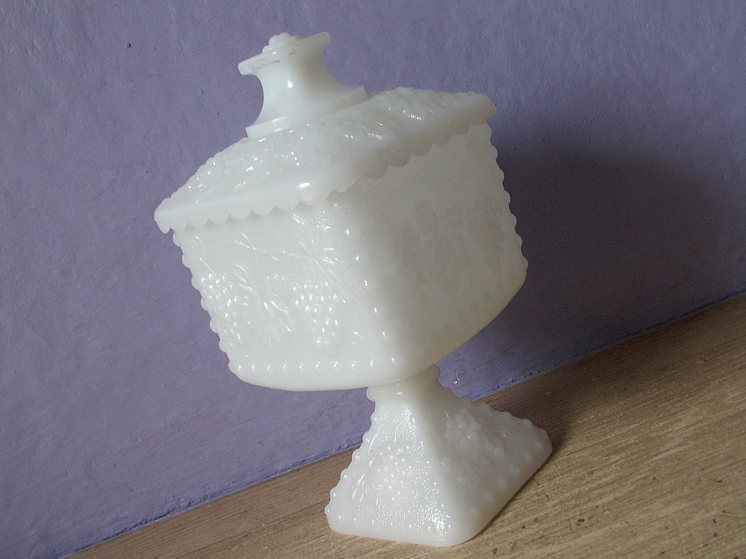 Items similar to Vintage Milk Glass Candy Dish with Lid, grapes pattern