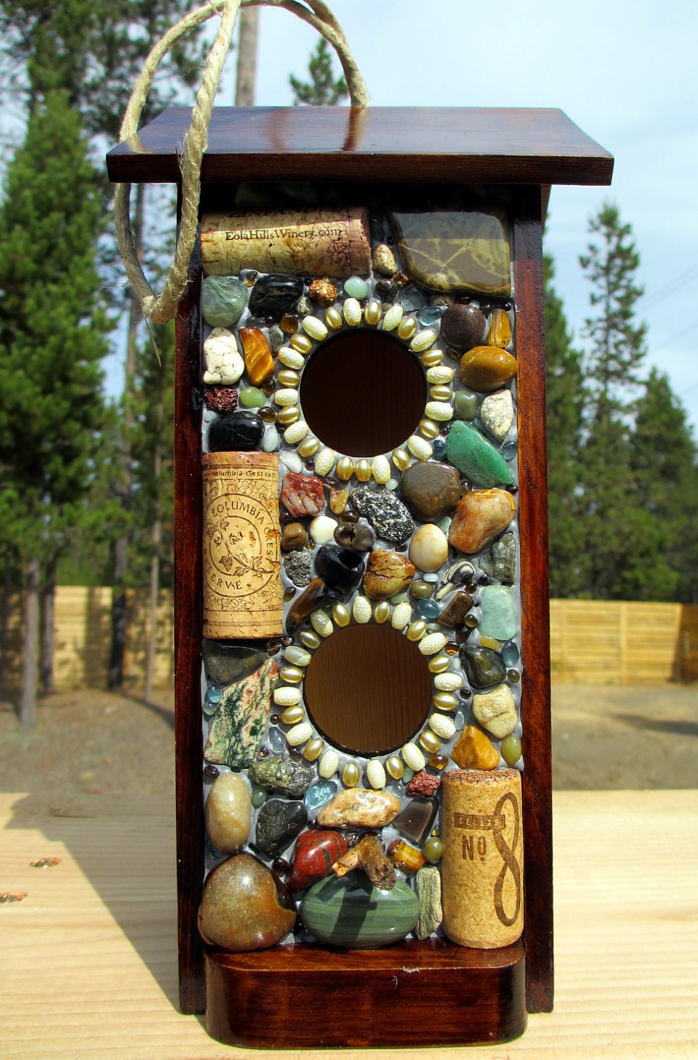 Mosaic Stone and Wine Cork BirdhouseBird Feeder