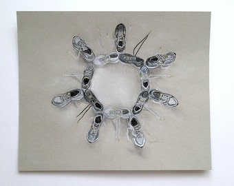 Running is My Sunshine - 9" x 11" Original Drawing Shoe Sun Illustration - Pencil and Charcoal on Gray Paper - Gift Idea for Runner
