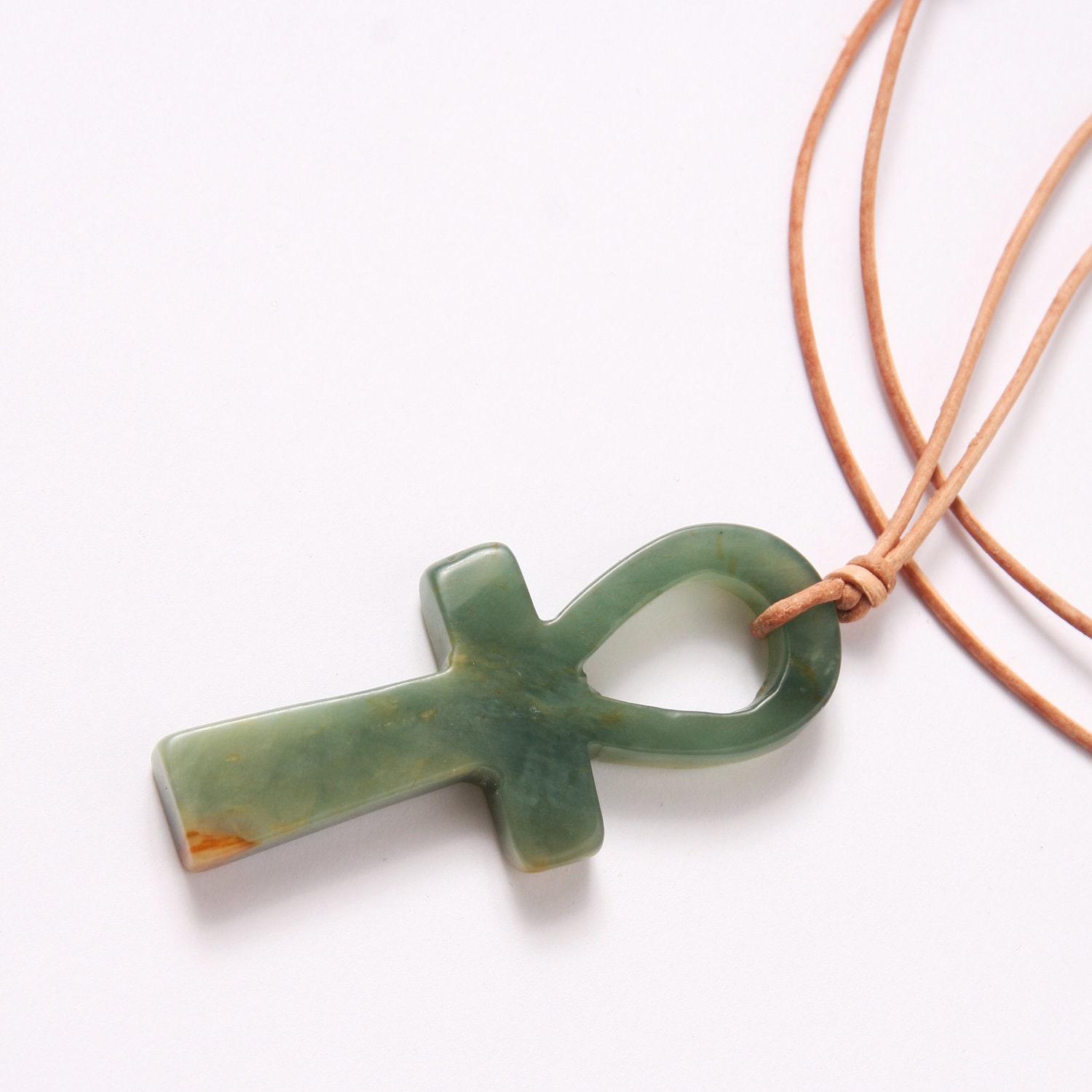Stone Pendant Necklace Ankh Egyptian Ankh Charm Green Jade
