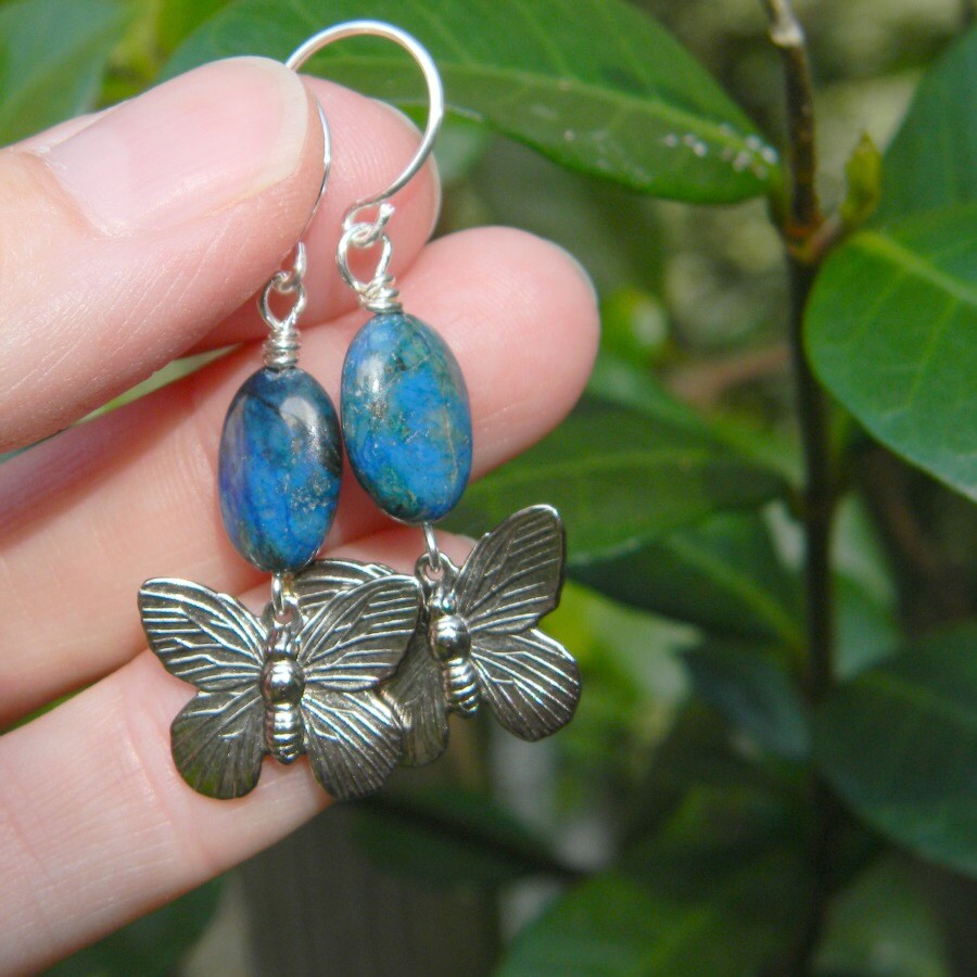 Butterfly earrings handmade jewelry blue beaded earrings