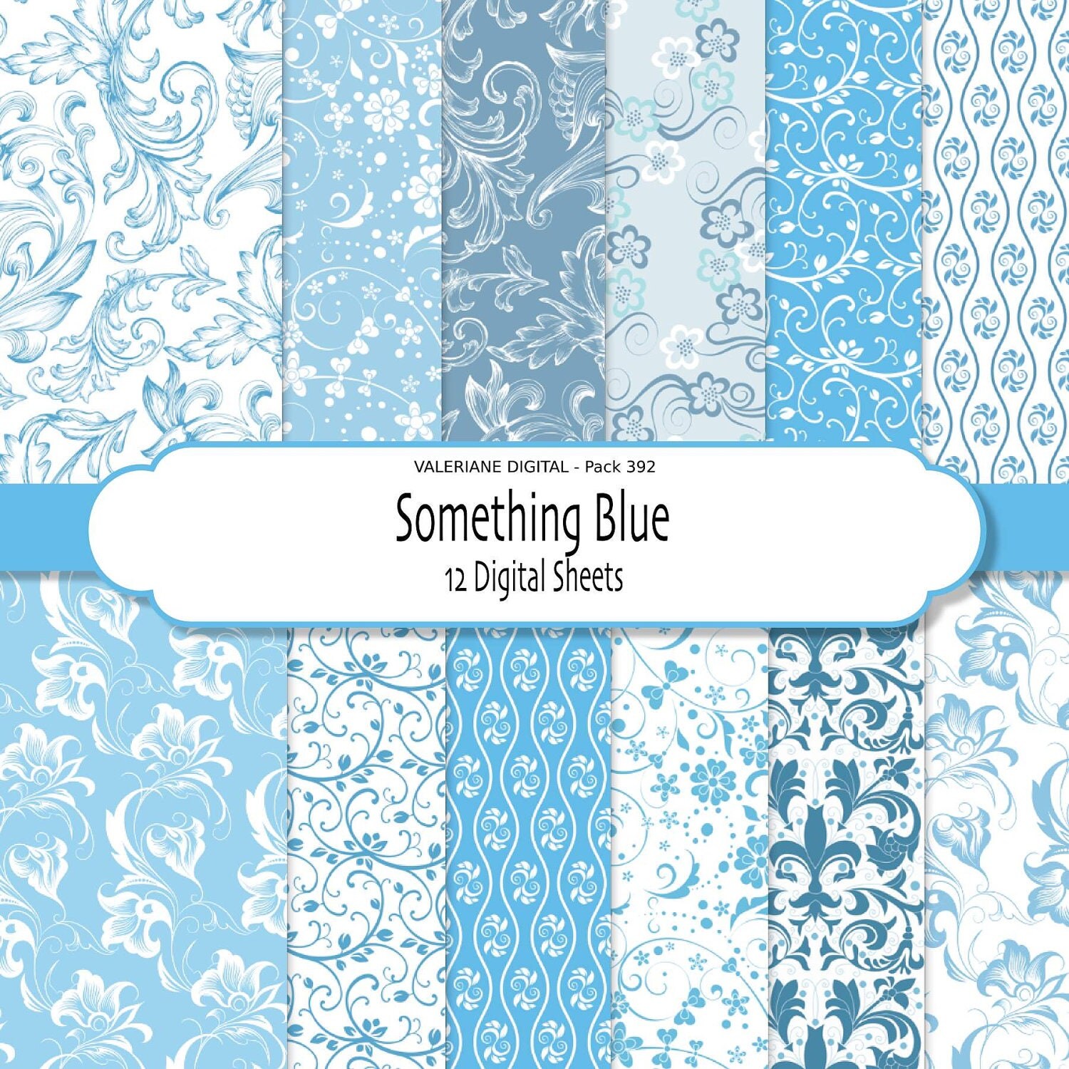 Blue Damask digital paper digital scrapbook by ValerianeDigital