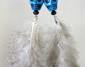 Skull Earrings Day of the Dead Earrings Blue Feather Sugar Skull Earrings