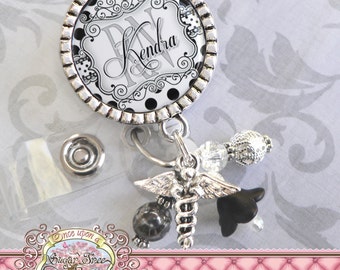 Personalized ID BADGE REEL, Grey Black, Nurse Id Badge Reel, Rn Np, Healthcare, Doctor Medical, Teacher Gift, Hospital Staff, Lanyard