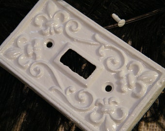 Light Switch Cover -Single Switch Plate - Gloss White - Stocking Stuffer - Paris Apartment Chic - Nursery Decor - Iron-Fleur de Lis