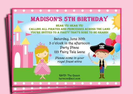 Pirate and Princess Invitation Printable - You Pick Hair Color and Skin Tone Il_570xn