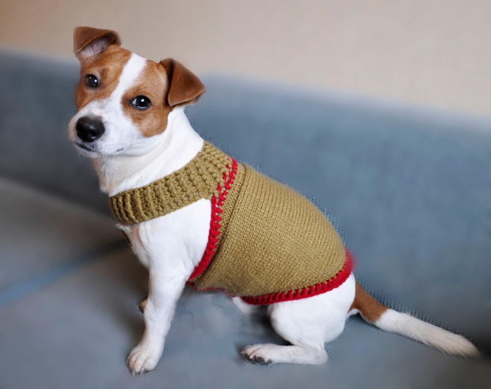 Knitted Mustard and Red Dog Sweater XS size / by TheMailoDesign