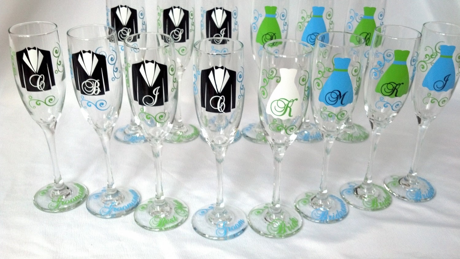 15 wedding party glasses champagne flutes with dress tux and