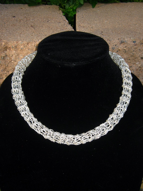 Wire crocheted tube necklace silver plated choker heart