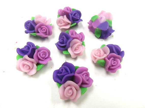 10 Fimo Polymer Clay Violet Purple Flower Fimo Beads Bouquet