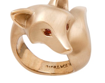 14 k GOLD fox ring with RUBY eyes (or choose from colored diamonds), bright satin finish