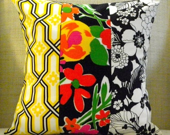 Pillow Cover - Vintage '70s Floral Mod Patchwork - White, Black, Yellow, Red & Green - 18 x 18