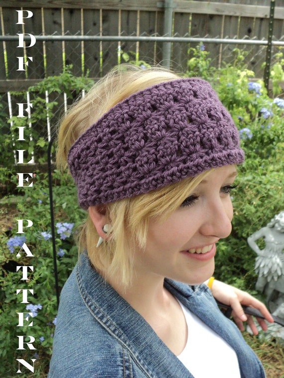 Star Stitch Wide Crochet Headband with large button closure - purple view - CROCHET PATTERN ONLY--