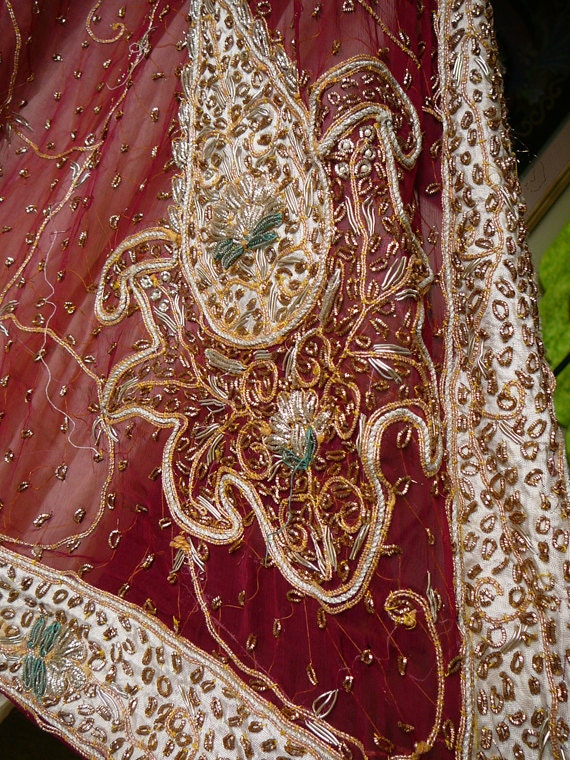 Chiffon silk embroidered dupata shawl India by sunnydaydreams