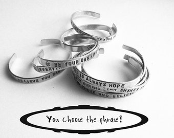 personalized silver bracelet, hand stamped aluminum bracelet, custom text, gift for her, handmade jewelry, custom stamped, inspirational