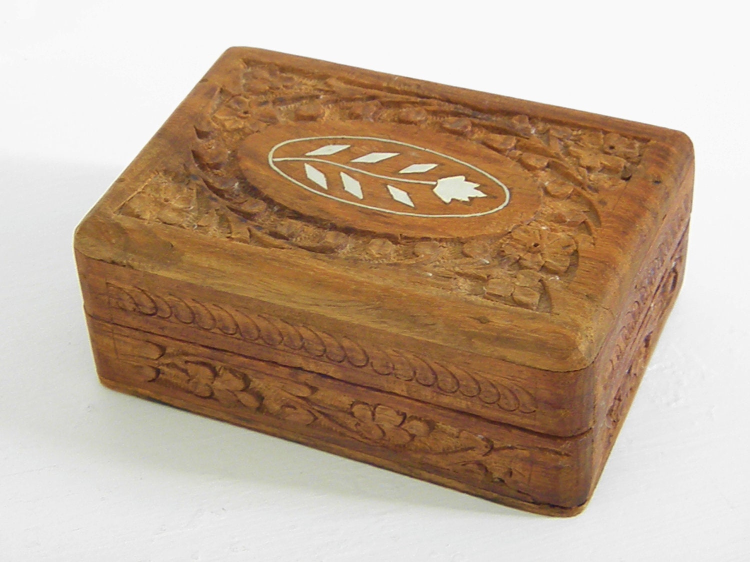 Vintage Teak Wood Jewelry Box Bone Inlay