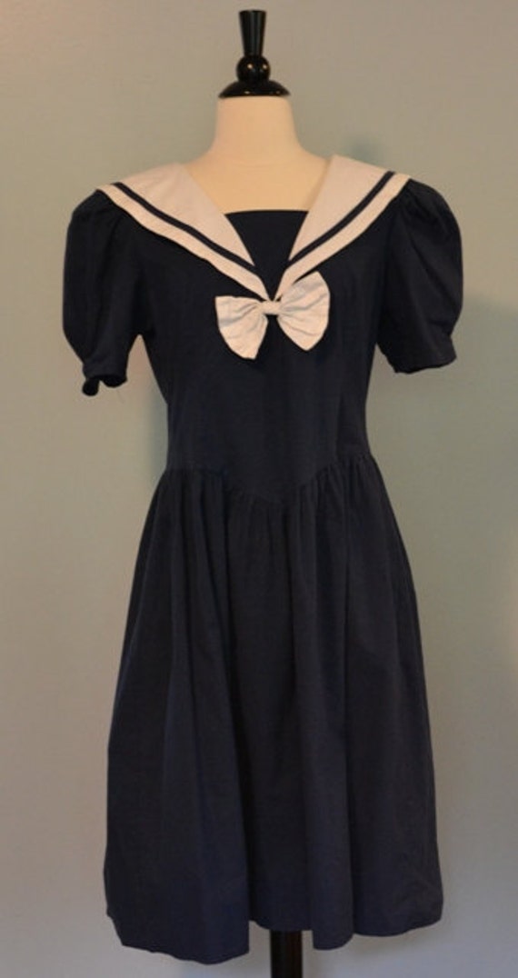 VINTAGE 1980s Navy Blue Sailor Dress