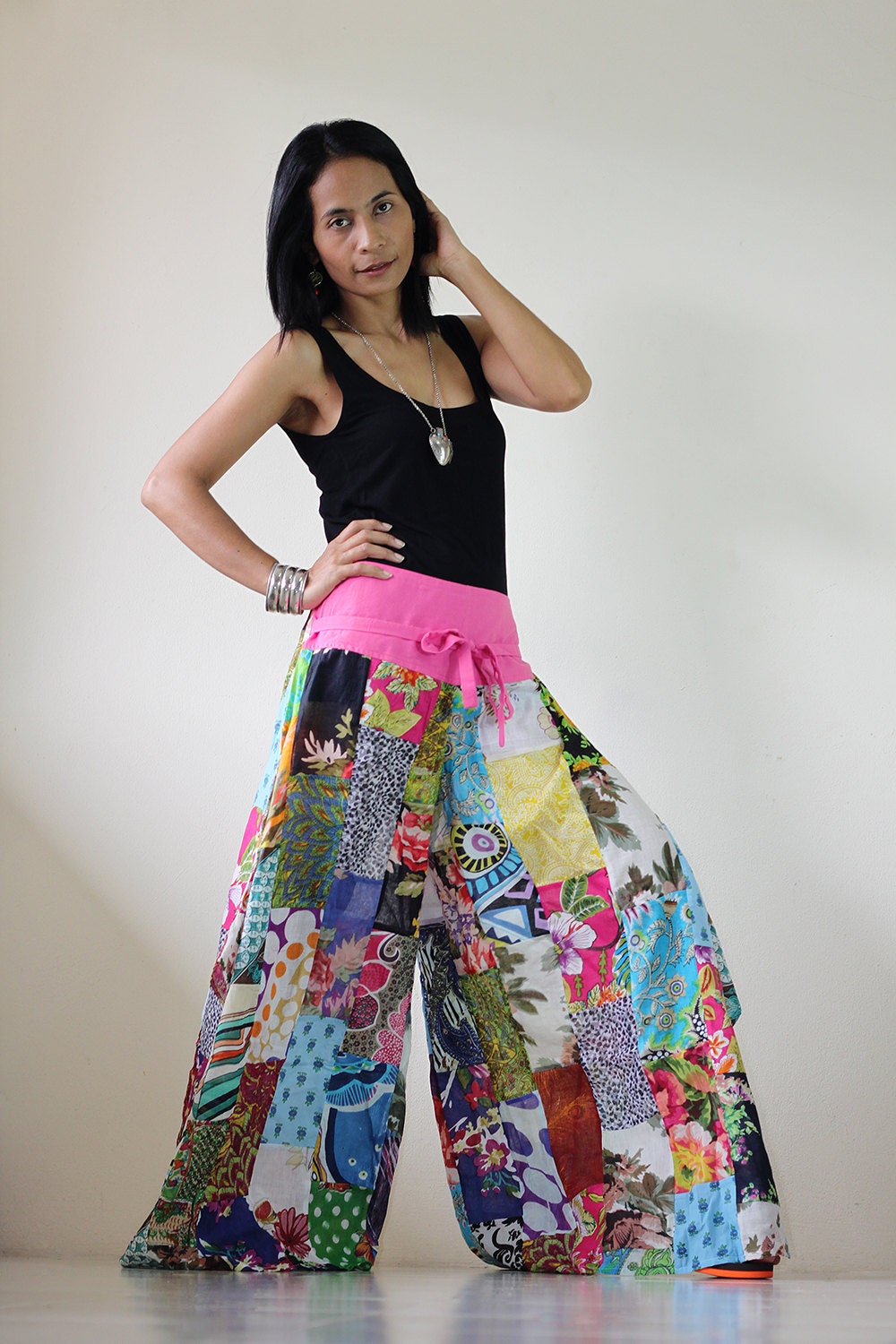 Wide leg pants Boho Patchwork Womens long pants : by Nuichan