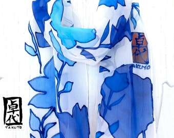 Blue Silk Scarf Handpainted, Blue Hawaiian Sky Floral Scarf. SIlk Chiffon Scarf. Silk Scarves Takuyo. 7x50 in. Made to order.