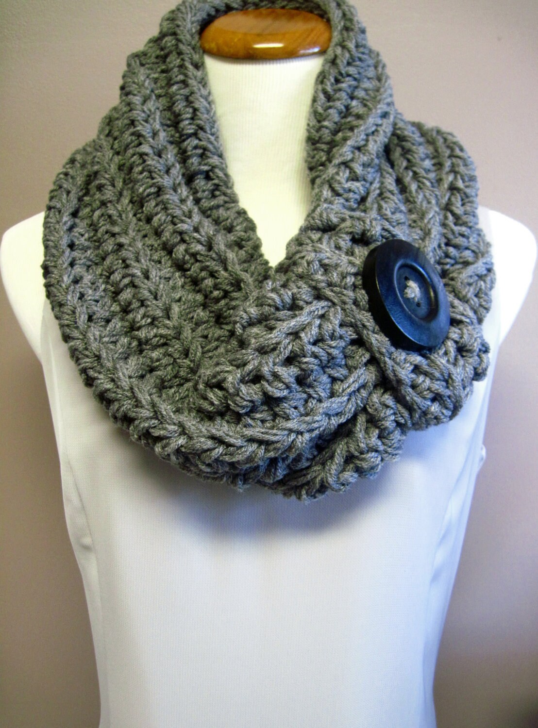 Chunky Bulky Button Crochet Cowl Gray with Black Wood Button