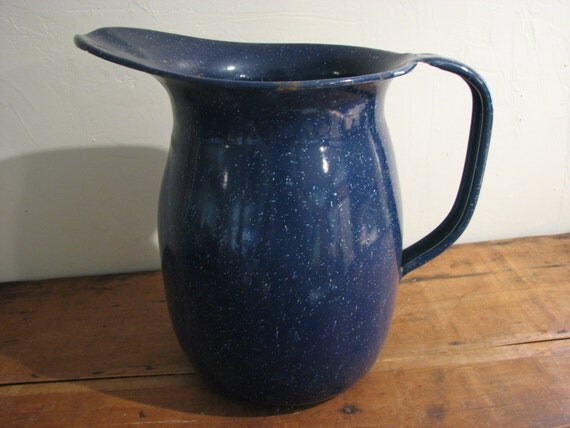 US Navy-WWI Enamelware Pitcher Blue Spatter Large