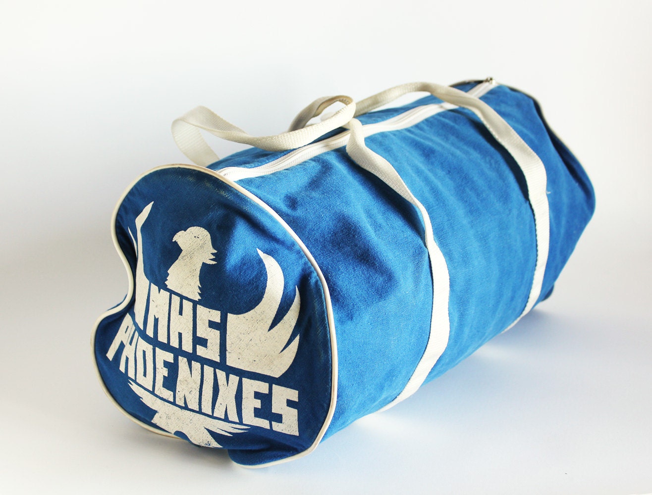 High School Gym Bag Blue and White Duffle Retro Eighties