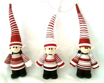 Elf Christmas Ornament Set Crimson Red and White Striped