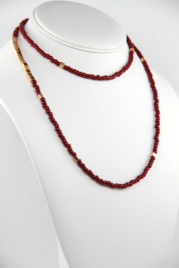 Long Beaded Necklace in Oxblood and Gold
