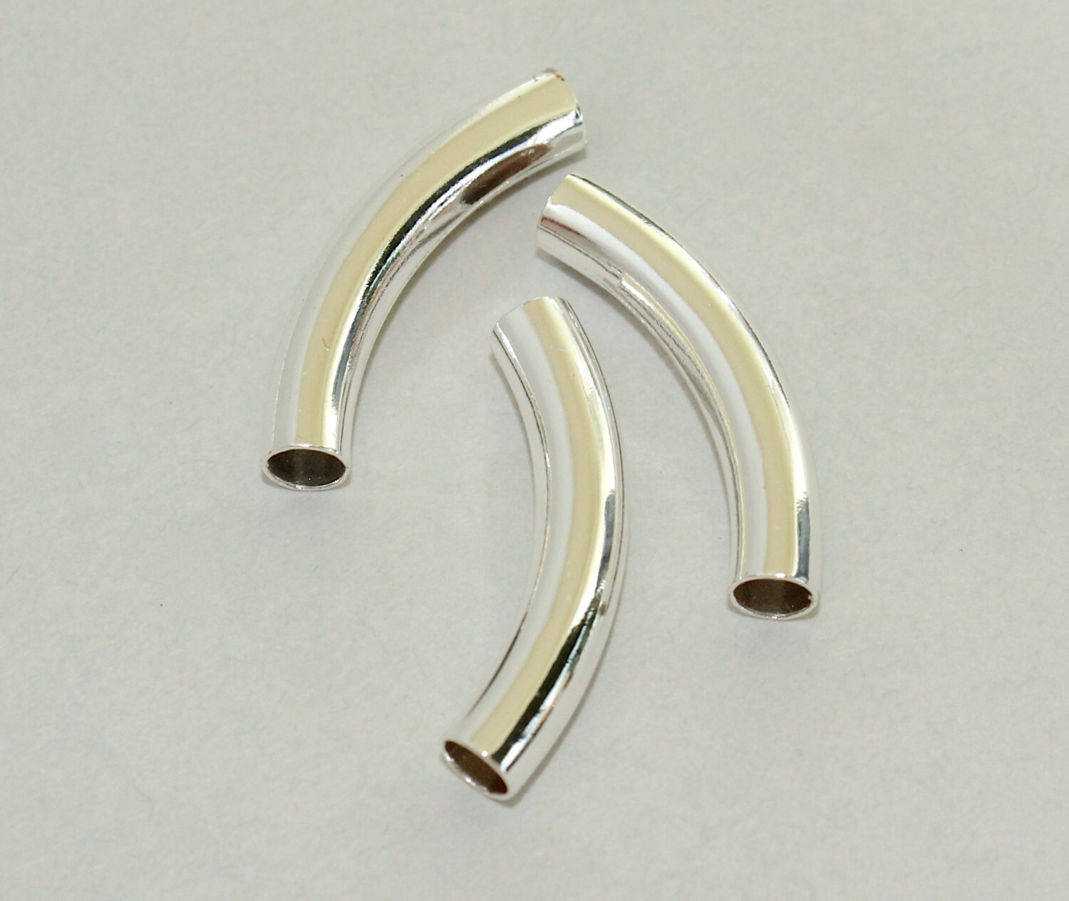 25 SILVER Curved Noodle TUBE Beads 29X5mm with Large 3.8mm