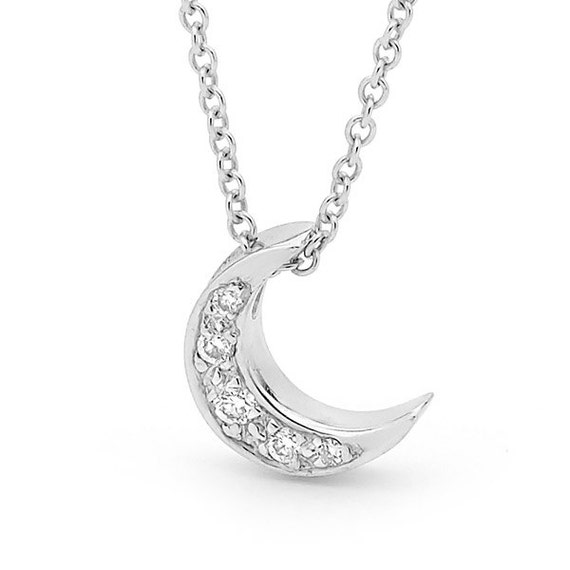 Diamond and White Gold Baby Crescent Moon Necklace, small white Gold ...