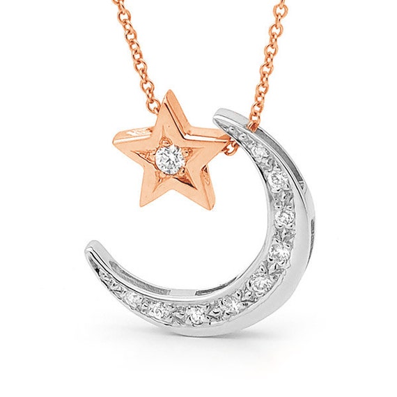 Rose gold and white gold diamond crescent moon Necklace, rose gold and ...